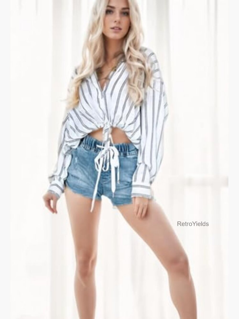 Cropped Button Down Shirt Oversized Striped Long Sleeve Drawstring Hem Blouse - Picture 6 of 7